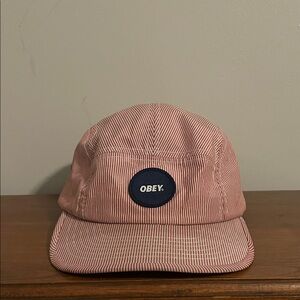 Obey Pink and White Pinstripe 5-Panel Cap with Navy Logo